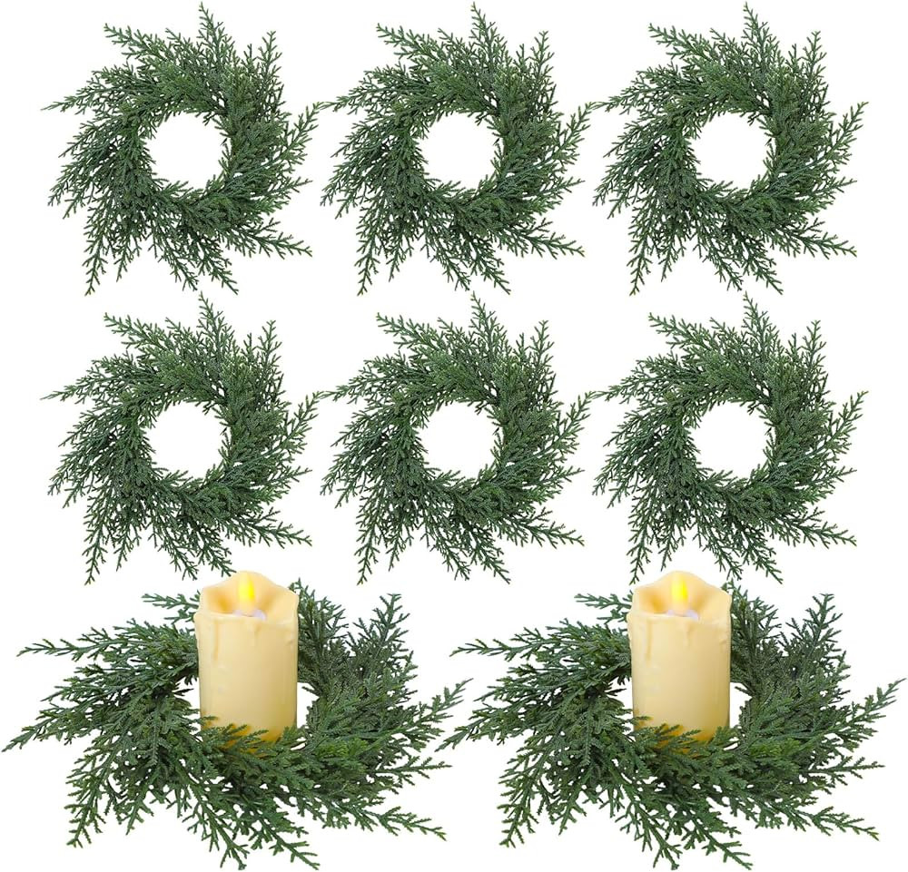 Dingion 6 Pcs Cedar Wreath Small Candle Rings Wreath Outer Diameter 6 Inch Artificial Pillars Hol... | Amazon (US)