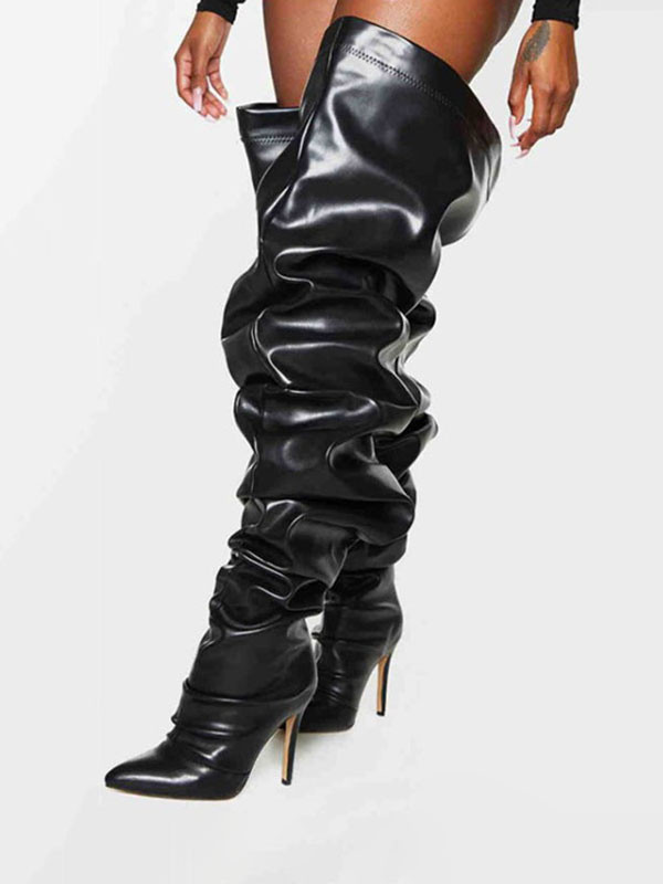 Women's Wide Slouch Thigh High Heel Boots in Black Bright Leather | Milanoo