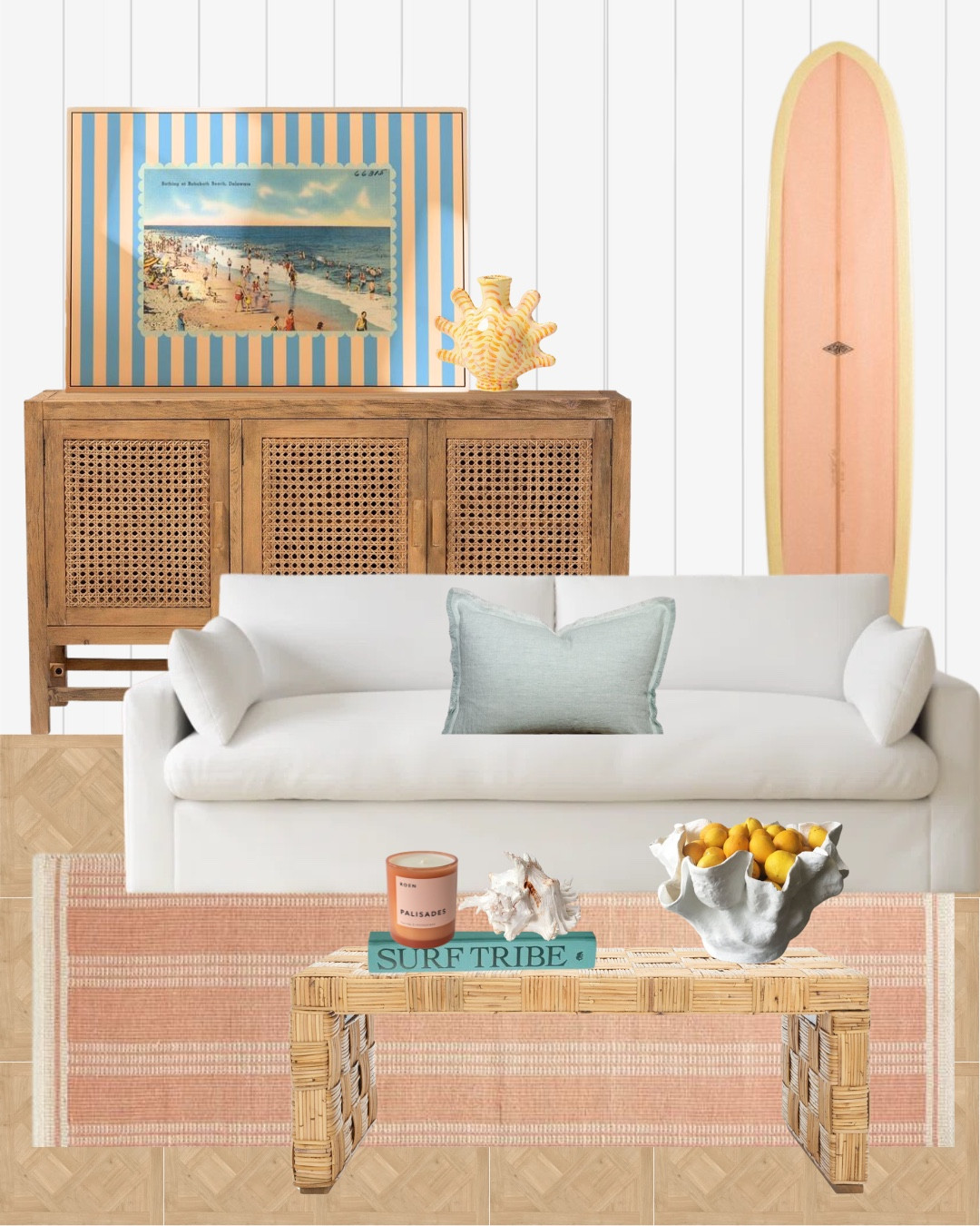 A fun coastal living room. It's giving sunshine☀️ Shop colorful decor including fun prints, surfboards, books and more!

#livingroom #summercolors #floridadesign