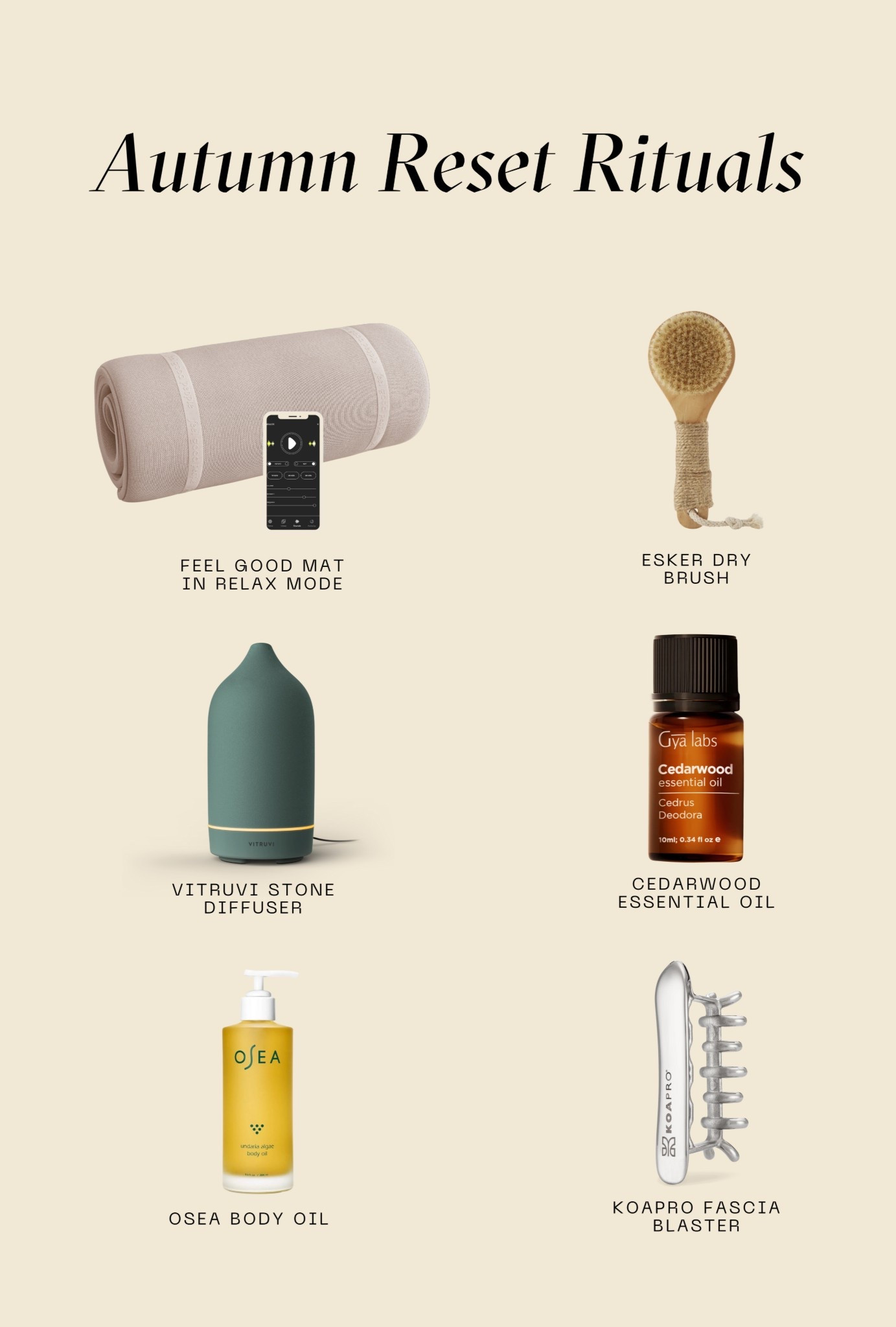 Your nervous system called… it’s ready for a fall reset. 🍂 

I pulled together my Autumn Reset Rituals Toolkit — simple, science-backed essentials that actually help you feel good:

 ✦ Dry brush for morning energy
 ✦ Diffuser + cedarwood oil for grounding
 ✦ All natural non-toxic body oil for a calming ritual
 ✦ Fascia blaster to melt tension
 ✦ Feel Good Mat vibration + sound theraoy to soothe + restore balance
Because fall isn’t just pumpkin spice season, it’s the season to be you, less stressed. ✨

Shop the full reset kit here 🤎

 #LTKhome #LTKwellness #LTKbeauty #fallreset #nervoussystemreset #stressrelieftips #holisticliving #lowtoxliving
