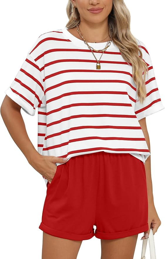 Two Piece Outfits for Women Short Sleeve Casual Stripe Summer Oversized Lounge Sets Outfits Sets | Amazon (US)
