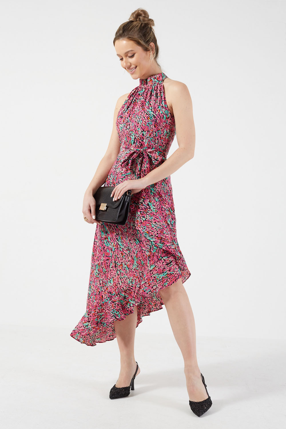 Nerina Printed Halter Neck Midi Dress in Black | iCLOTHING