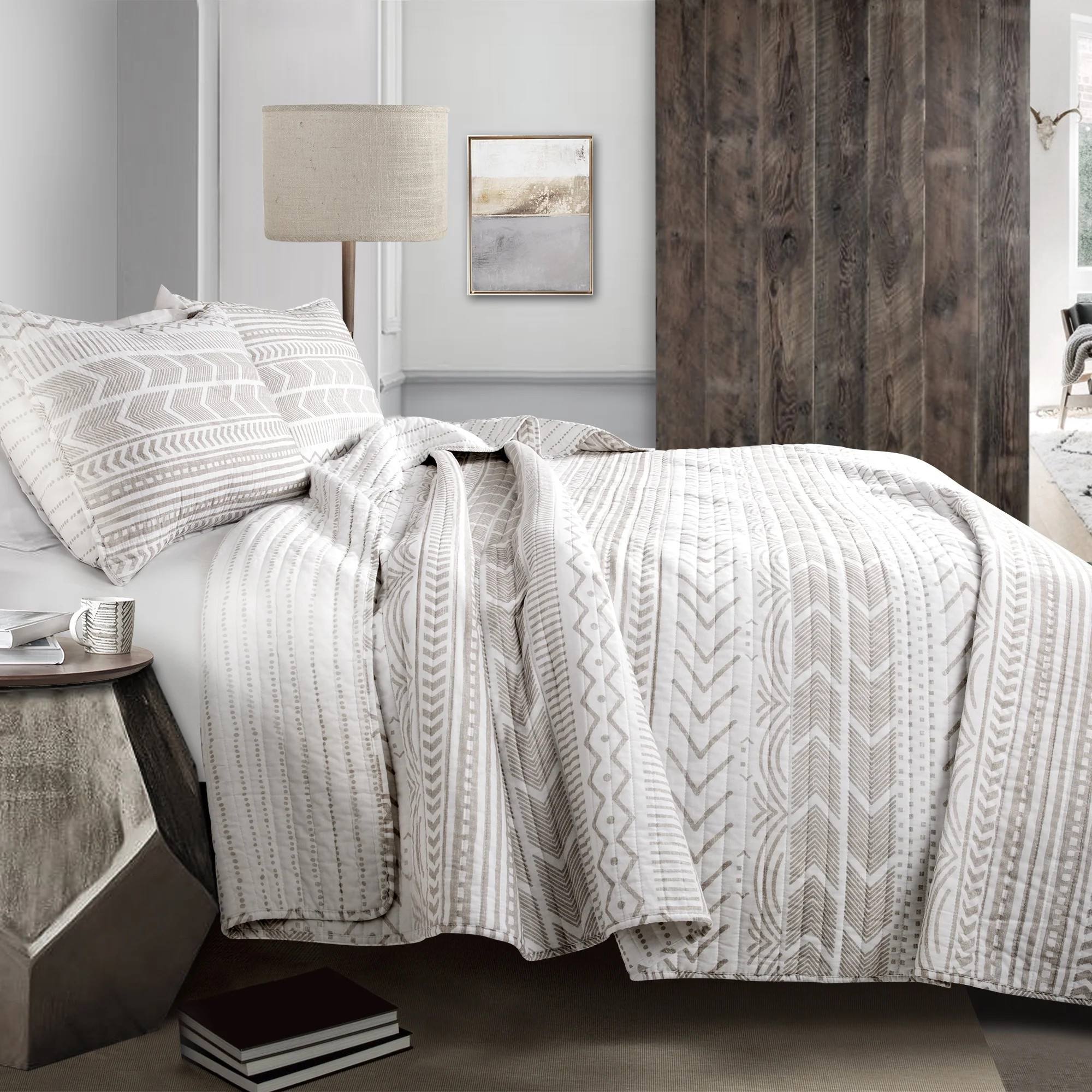Lush Decor Hygge Geo Cotton Reversible Quilt, Full/Queen, Geometric Print, Taupe/White, 3-pc set ... | Walmart (US)