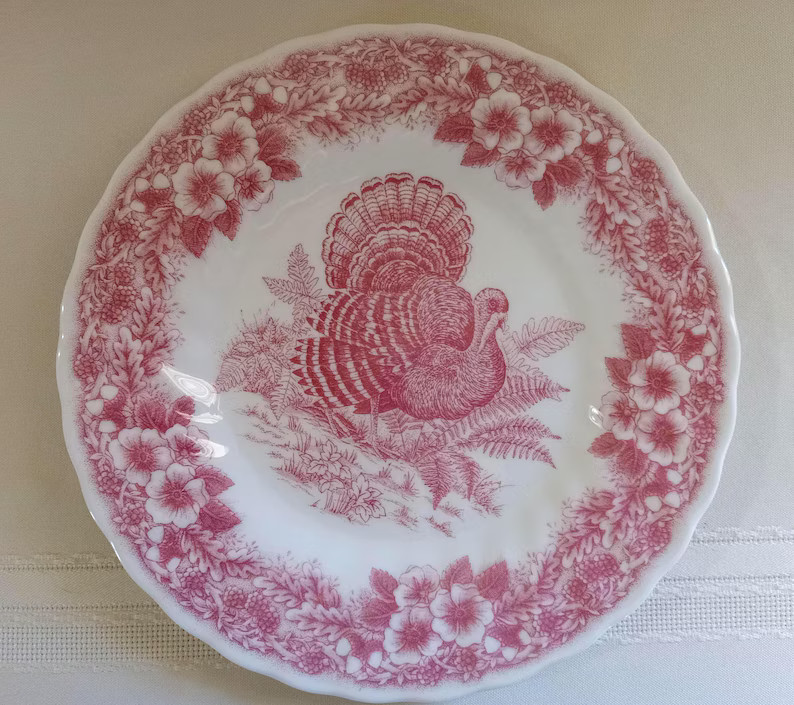 4 Queen's China "thanksgiving" Red 8" Plates. (mauve) Red on White Earthenware. A Turkey, Ferns, ... | Etsy (US)