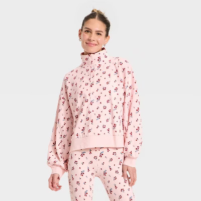 Women's Active Comfort French Terry Henley Sweatshirt - All In Motion™ Light Pink Floral M | Target