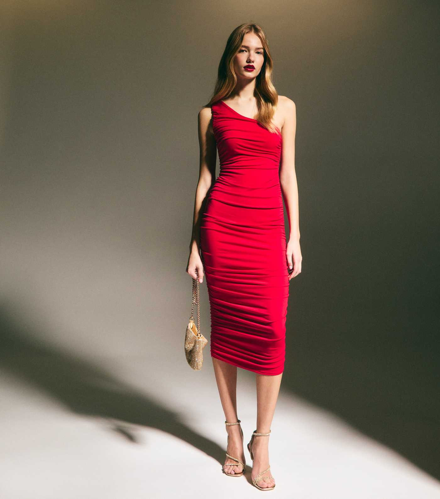 Red One Shoulder Ruched Midi Dress | New Look | New Look (UK)