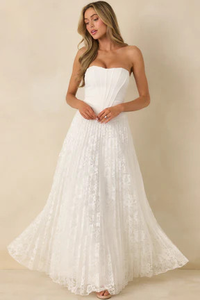 Say Yes to This White Corset Bodice & Pleated Lace Maxi Dress | Red Dress