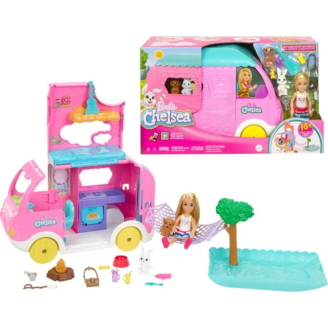 Barbie Chelsea 2-in-1 Camper Playset with Chelsea Small Doll, 2 Pets & 15 Accessories - Walmart.c... | Walmart (US)