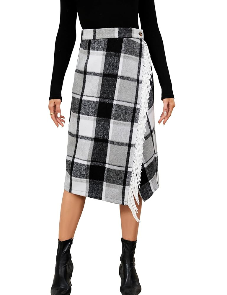 Tanming Womens Plaid Fringed Midi Skirt A Line Warm Wool Wrap Skirt Fall Winter Tartan Dress | Amazon (US)