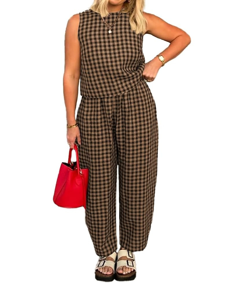 Women's Summer 2 Piece Outfits Plaid Crop Tank Top High Waisted Baggy Ankle Barrel Pants Gingham ... | Amazon (US)