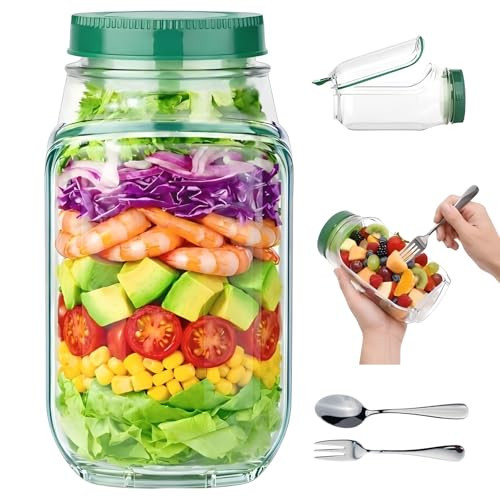 HUAFA Salad Jar Pod, Side Opening Salad Jar To Go with Spork & Spoon, Leakproof Portable Salad Container with Dressing Cup, Meal Prep Jar for Lunch, Work, Travel & Picnic (Green) | Amazon (US)