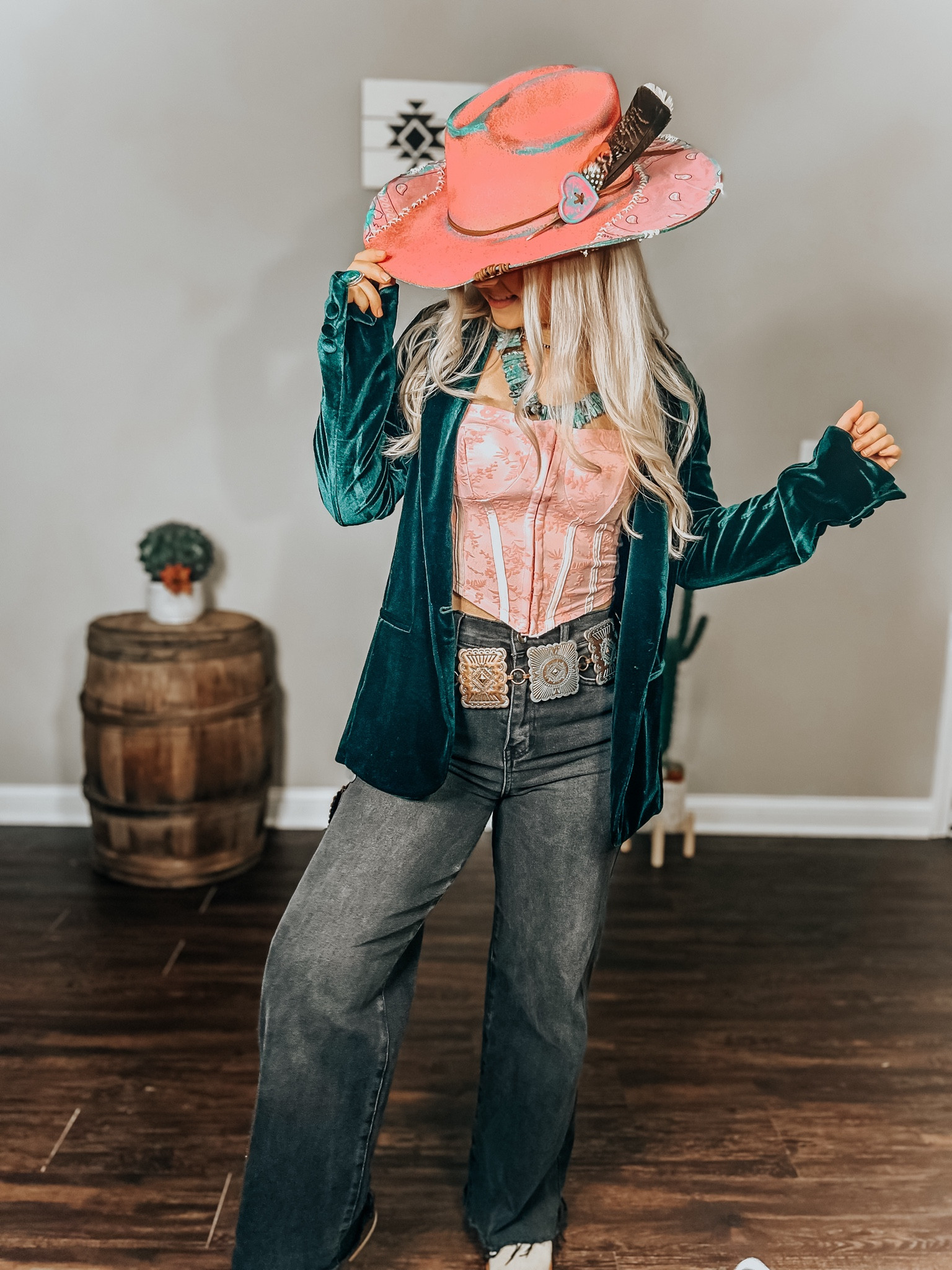 Pink cowgirl style, pink cowboy hat, western fashion, velvet blazer, jeans, black jeans, concho belt, tank top, corset top, crop top, pink top, summer fashion, spring fashion, dress wear, Nashville outfit, Las Vegas outfit, cowgirl outfit, rodeo fashion, sterling silver turquoise jewelry, authentic turquoise, Easter outfit, wedding guest outfit, country concert outfit 

#LTKworkwear #LTKstyletip #LTKU