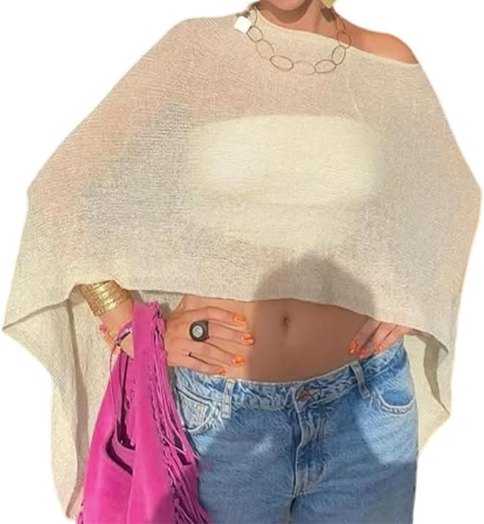 Women Sheer Poncho Top Lightweight Knit Crochet Shrug Bolero Mesh Batwing Sleeve Sweater Cover Up... | Amazon (US)
