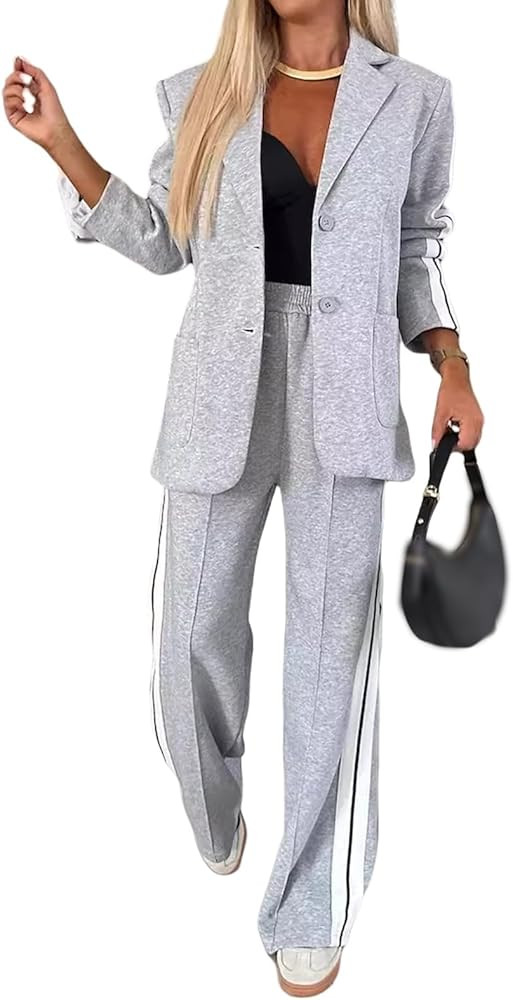 2 Piece Blazer Outfits for Women Comfy Oversized Jacket Wide Leg Pants Suits Notch Lapel Casual B... | Amazon (US)