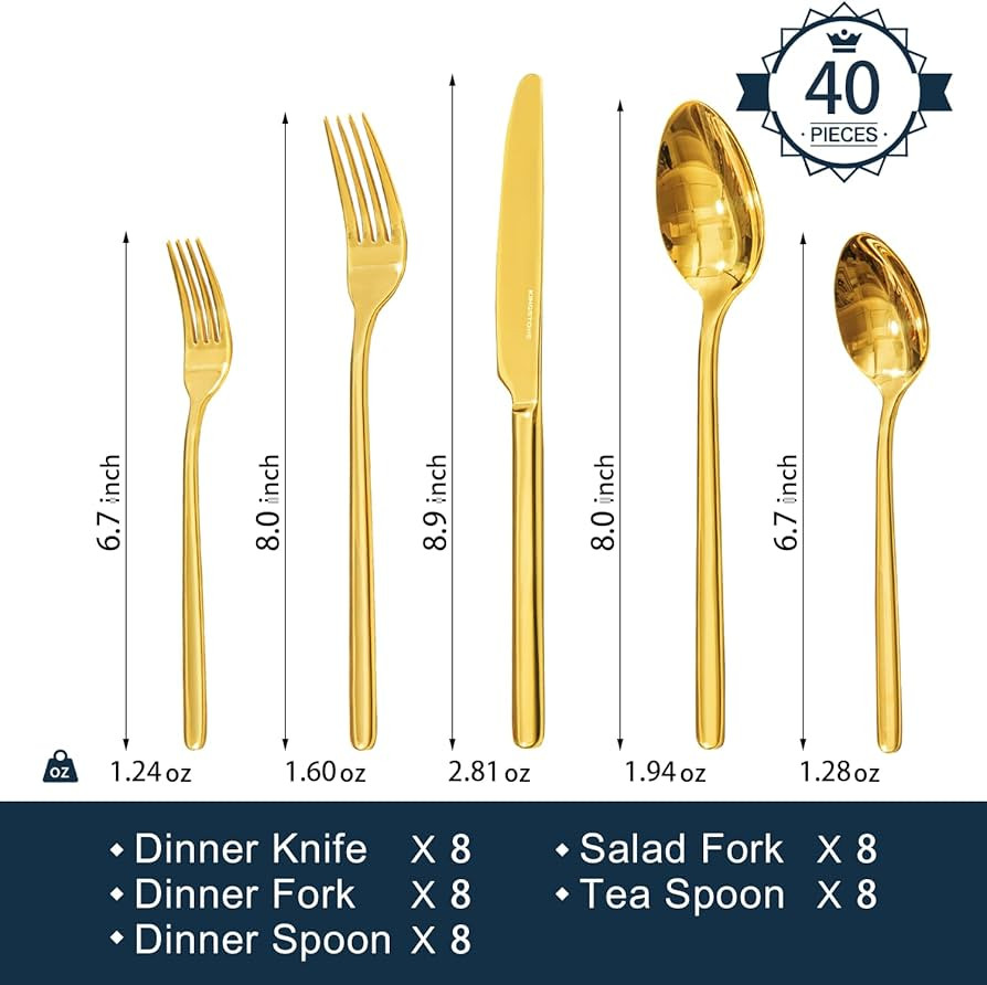 KINGSTONE Gold Silverware Set, 40 Piece Flatware Cutlery Set for 8, 18/10 Stainless Steel Silverw... | Amazon (US)