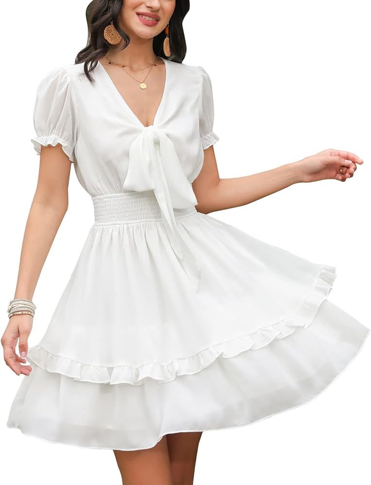 EXLURA Womens V Neck Summer Ruffle Dress Sundress Tiered Smocked Tie Front Short Puff Sleeve Swing M | Amazon (US)