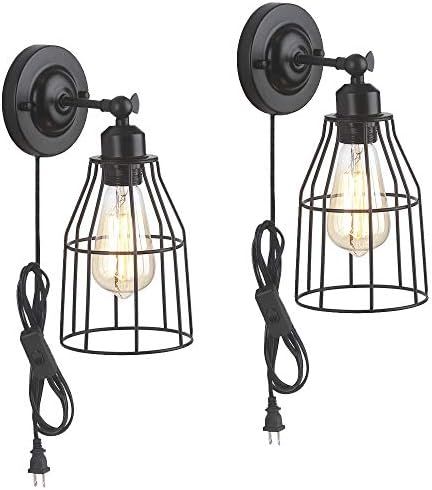 ZZ Joakoah® 2 Pack Rustic Wall Sconce with Plug in Cord and Toggle Switch, Black Metal Cage Industri | Amazon (US)