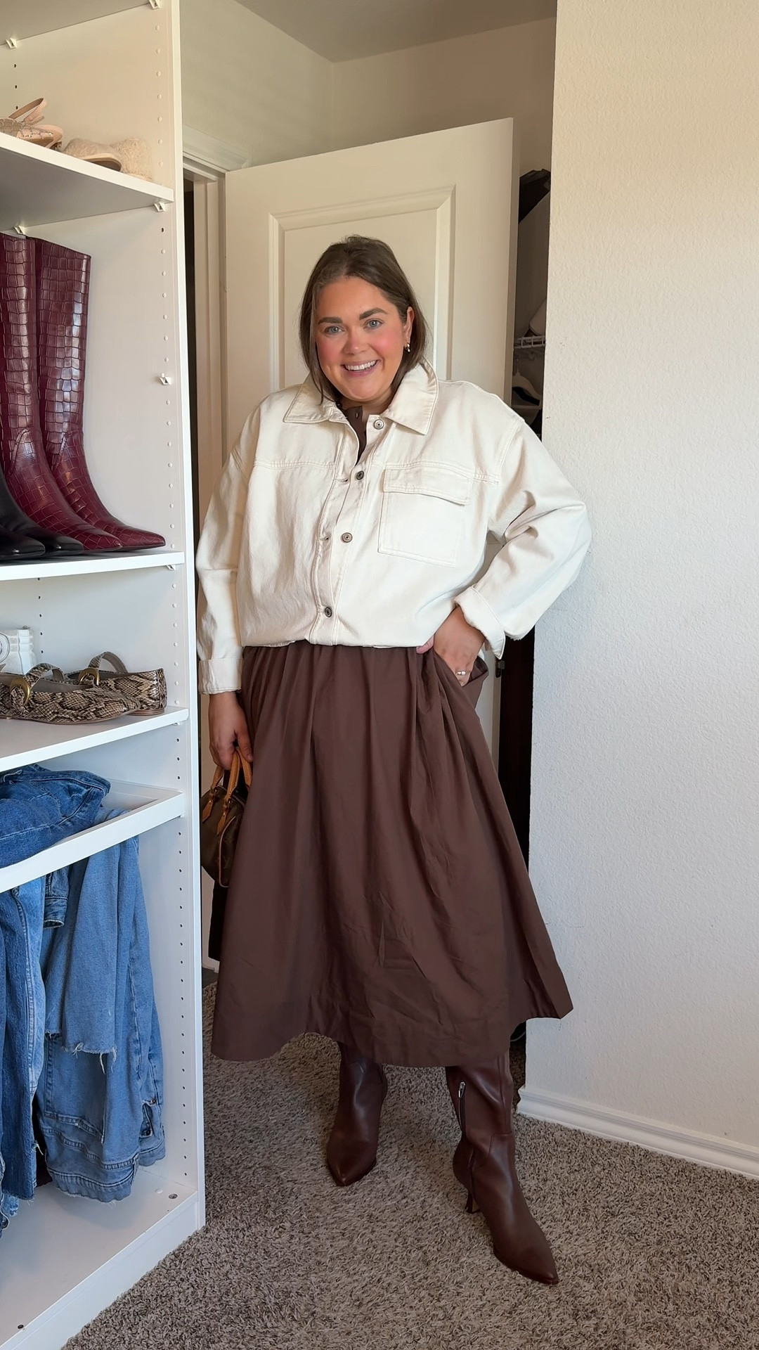 Thanksgiving outfit idea wearing xl in skirt set and xl in denim jacket  

#LTKPlusSize #LTKHoliday