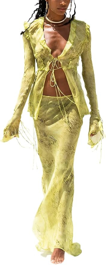 Women's Crochet Knit 2 Piece Skirt Sets Hollow Out Knitted Crop Top Side Slit Bodycon Long Skirt ... | Amazon (US)