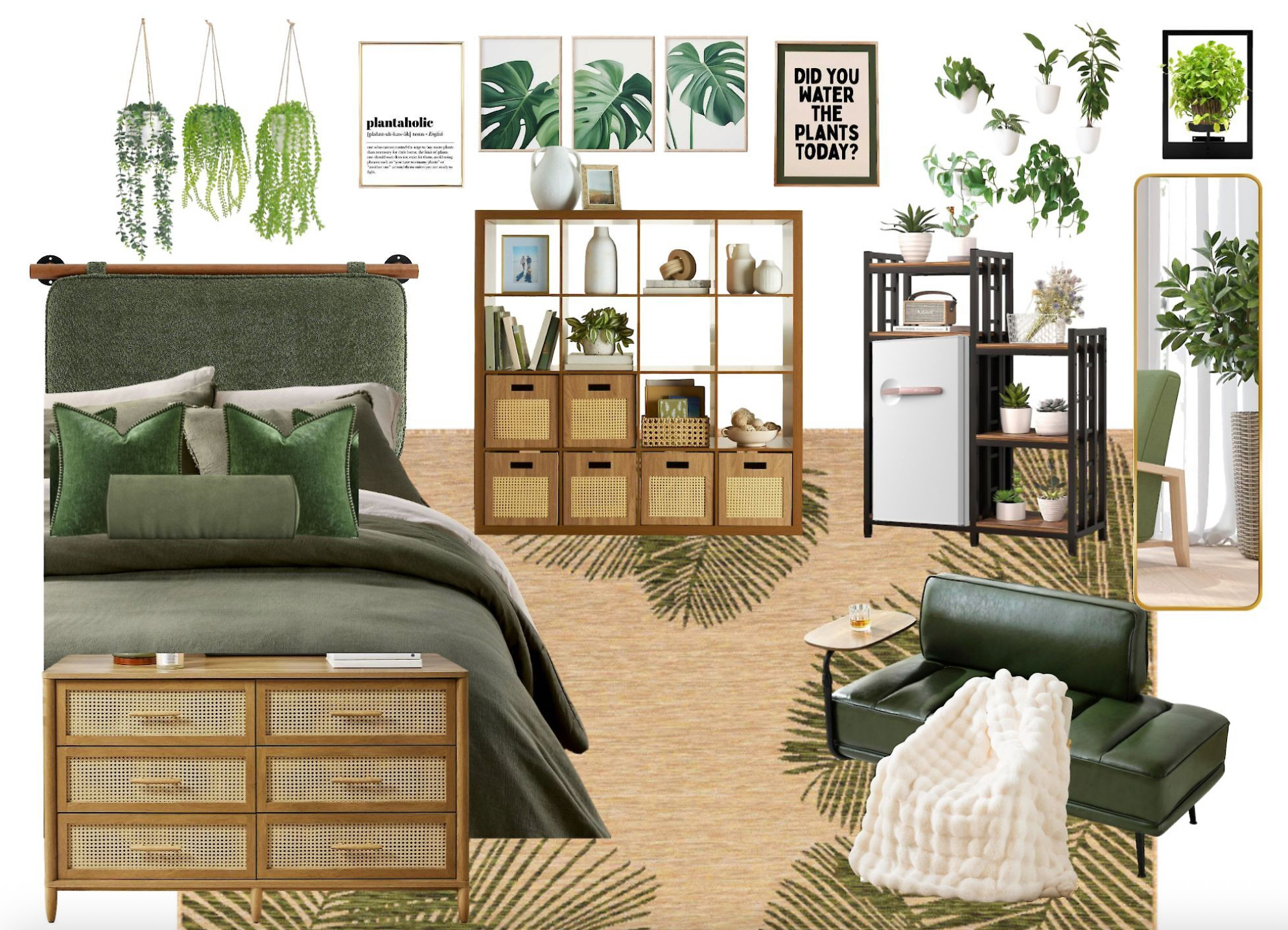 For the student who’s watering plants and staying hydrated, this dorm is a total plant-lady fantasy. Layered greens, rattan textures, cozy neutrals, and a jungle’s worth of leafy vibes — this room breathes fresh air into your routine. Whether you're vibing with a book, brewing tea next to your mini fridge-turned-plant stand, or just admiring your propagation station, this room says: calm, collected, and completely in your element.

Pro Tip: Keep things light with faux plants on top shelves and real ones near your window. Add a grow light if your dorm’s lacking sun. 💡

Affiliate Hot List:
🛒 Wayfair: Rattan dresser + cubby shelf
🛒 Amazon: Hanging plants, LED grow light, “Plantaholic” print
🛒 Walmart: Faux leather lounger, neutral leaf rug 

 