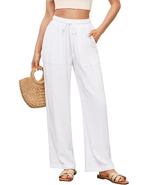 GRAPENT Linen Pants for Women Wide Leg High Waisted Baggy Drawstring Elastic Waist Palazzo Trouse... | Amazon (US)