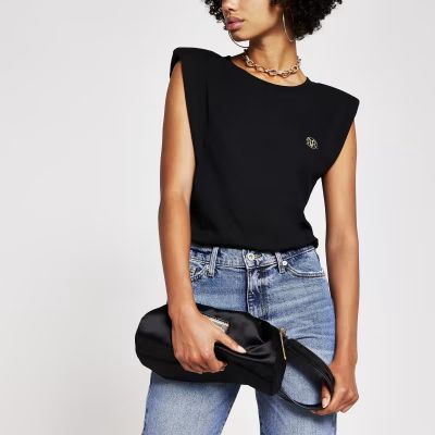 Black sleeveless shoulder pad T-shirt | River Island (UK & IE)