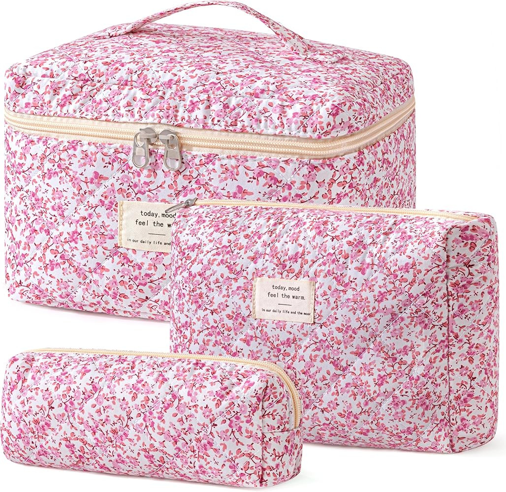 HBselect Quilted Makeup Bag, 3PCS Cotton Large Travel Makeup Bag, Cute Floral Coquette Make up Ba... | Amazon (US)