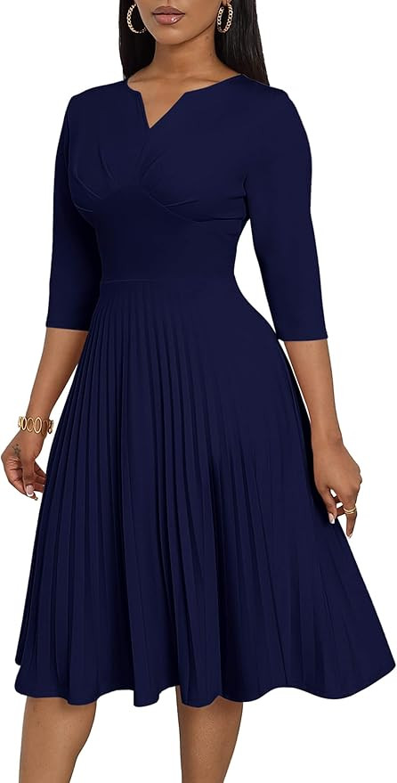 CLOCOR Midi Dresses for Women Casual Wrap Flared Pleated Dress A Line 3/4 Sleeve V Neck Church Co... | Amazon (US)
