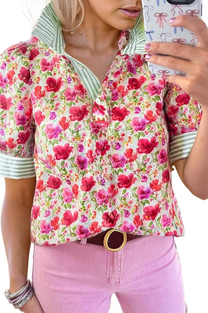 Apvirdy Womens Floral Print Striped Patchwork Tops Loose Ruffle Button Front Collared Short Sleev... | Amazon (US)