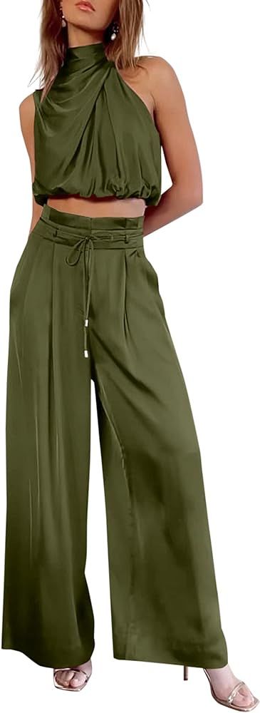 PRETTYGARDEN Women's 2 Piece Outfits 2024 Summer Casual Sleeveless Mock Neck Crop Tops Wide Leg P... | Amazon (US)