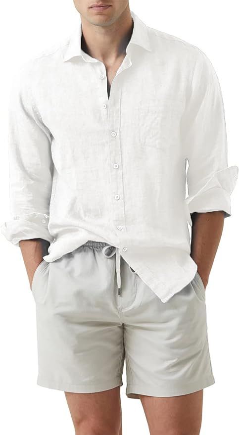 JMIERR Men's Cotton Linen Casual Stylish Button Down Shirt Long Sleeve Dress Shirts | Amazon (US)