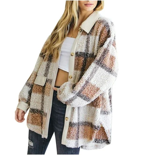 XFLWAM Womens Winter Casual Sherpa Fleece Jacket Long Sleeve Button Solid Warm Fuzzy Outwear Coat... | Walmart (US)