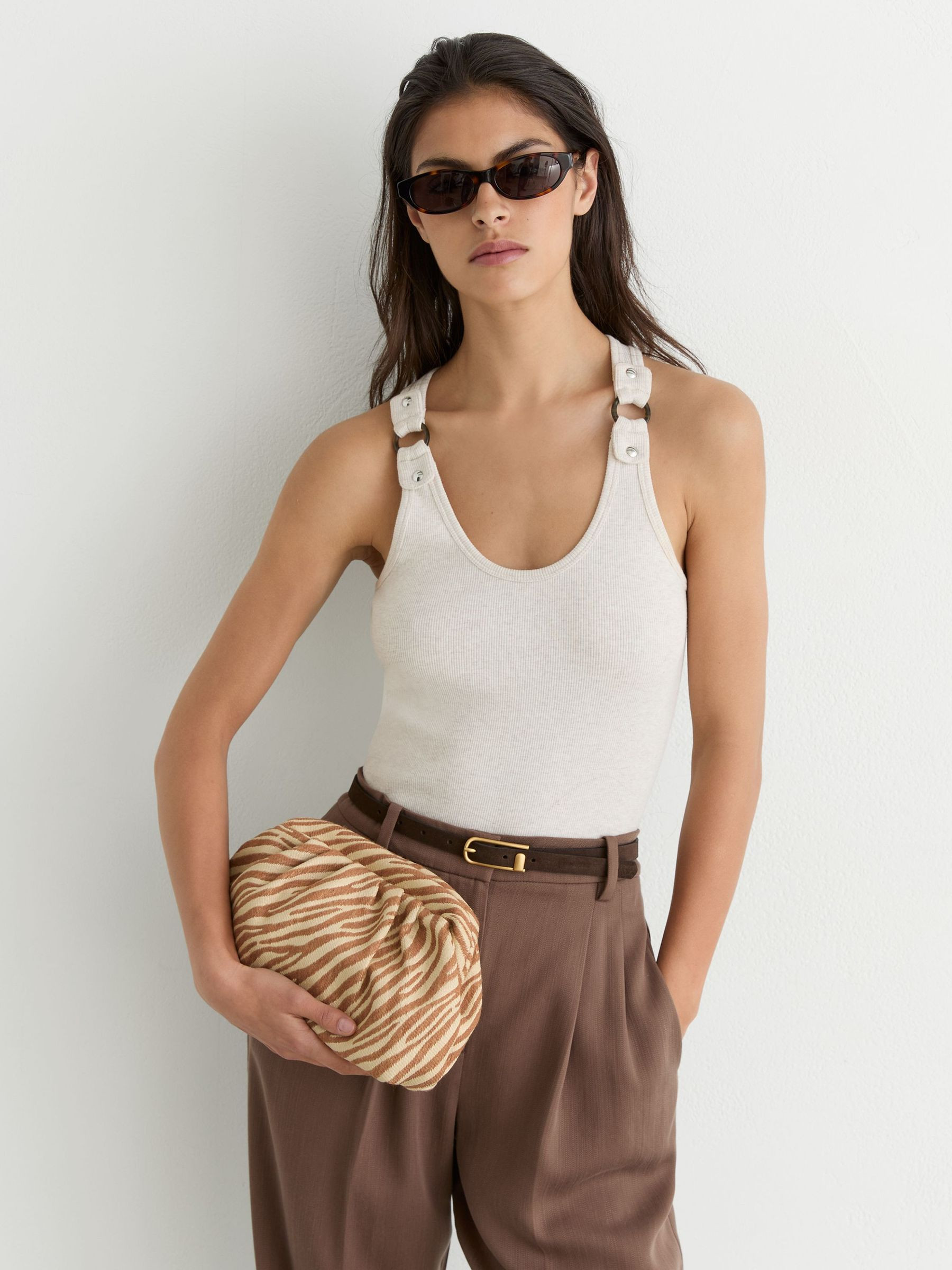 Reiss Raffia-Effect Zebra Pouch Clutch Bag in Natural/Tan | REISS | Reiss US