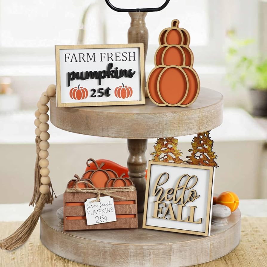 DAZONGE Fall Decor, 5PCS Fall Decorations for Home, Hello Fall, Stacked Pumpkin, Farm Fresh, Pump... | Amazon (US)