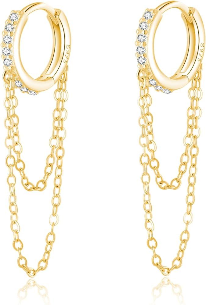 Reffeer 925 Sterling Silver CZ Chain Hoop Earrings Dangle Chain for Women Teens Dangle Earrings T... | Amazon (US)