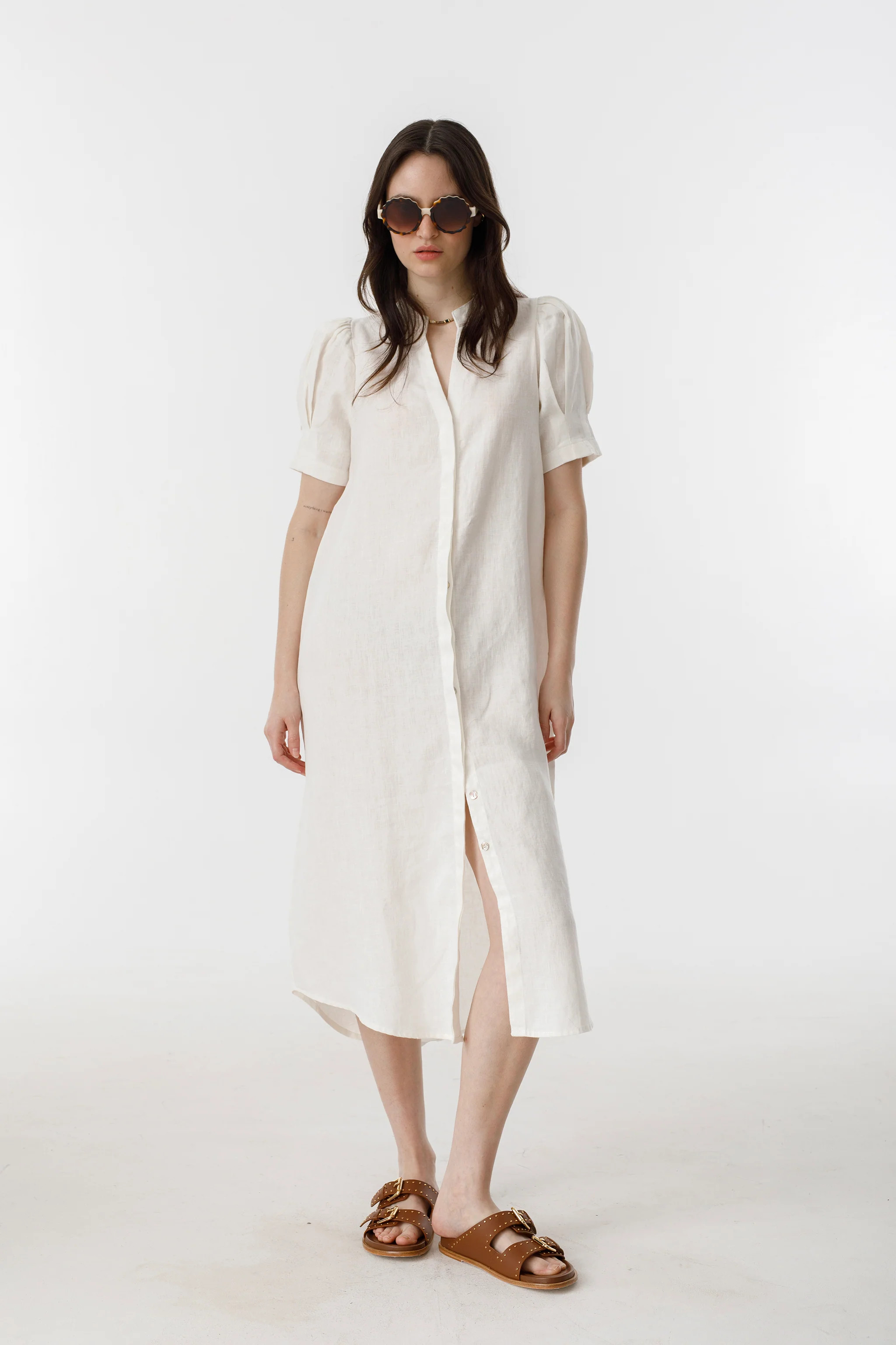 Athina Midi Linen Dress - Off-White | Lanhtropy