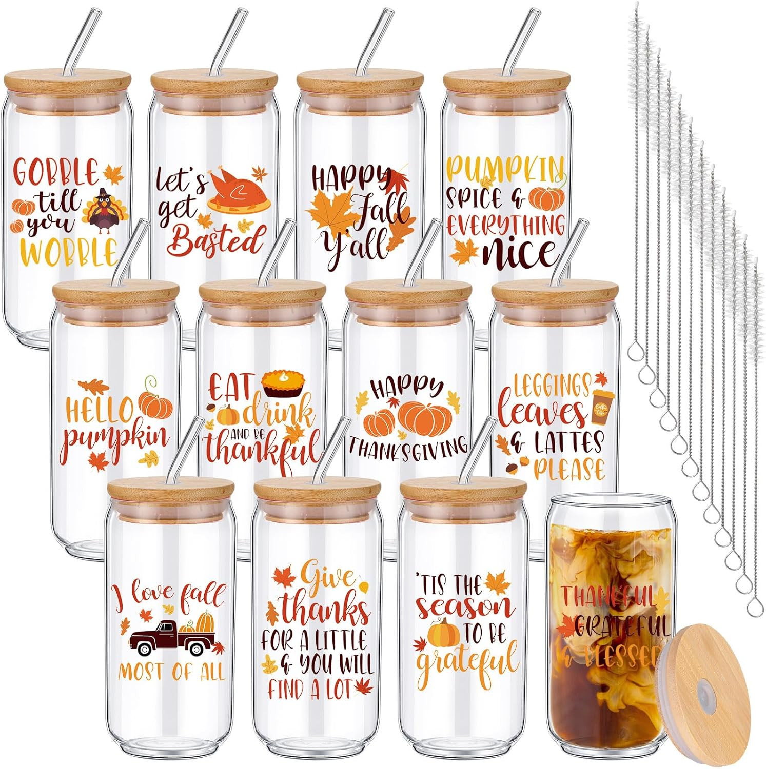 Tioncy 12 Pcs Fall Thanksgiving Glass Cups with Bamboo Lids and Straws Drinking Glasses Bulk Hell... | Amazon (US)