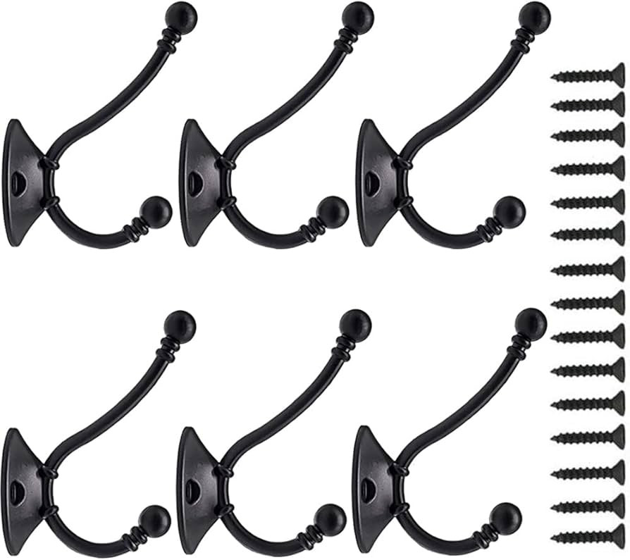 Gerhannery 6 Pack Big Heavy Duty Dual Coat Hooks Wall Mounted Black Coat Hook with 20 Screws Robe... | Amazon (UK)