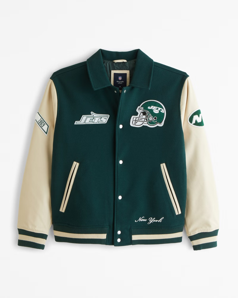 Abercrombie & Fitch Men's New York Jets Varsity Bomber Jacket in Dark Green - Jets - Size XL | Abercrombie & Fitch (US)