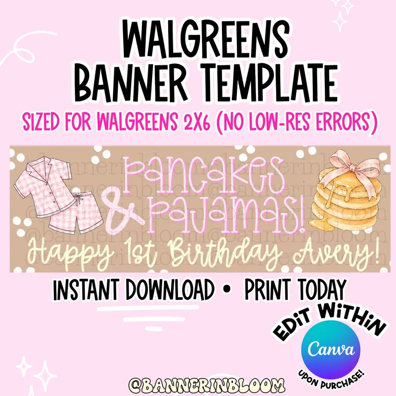 Walgreen NO LOW RES 2x6 | Pancakes Pajamas Birthday Banner Template | (Digital Download) | Etsy (Global)