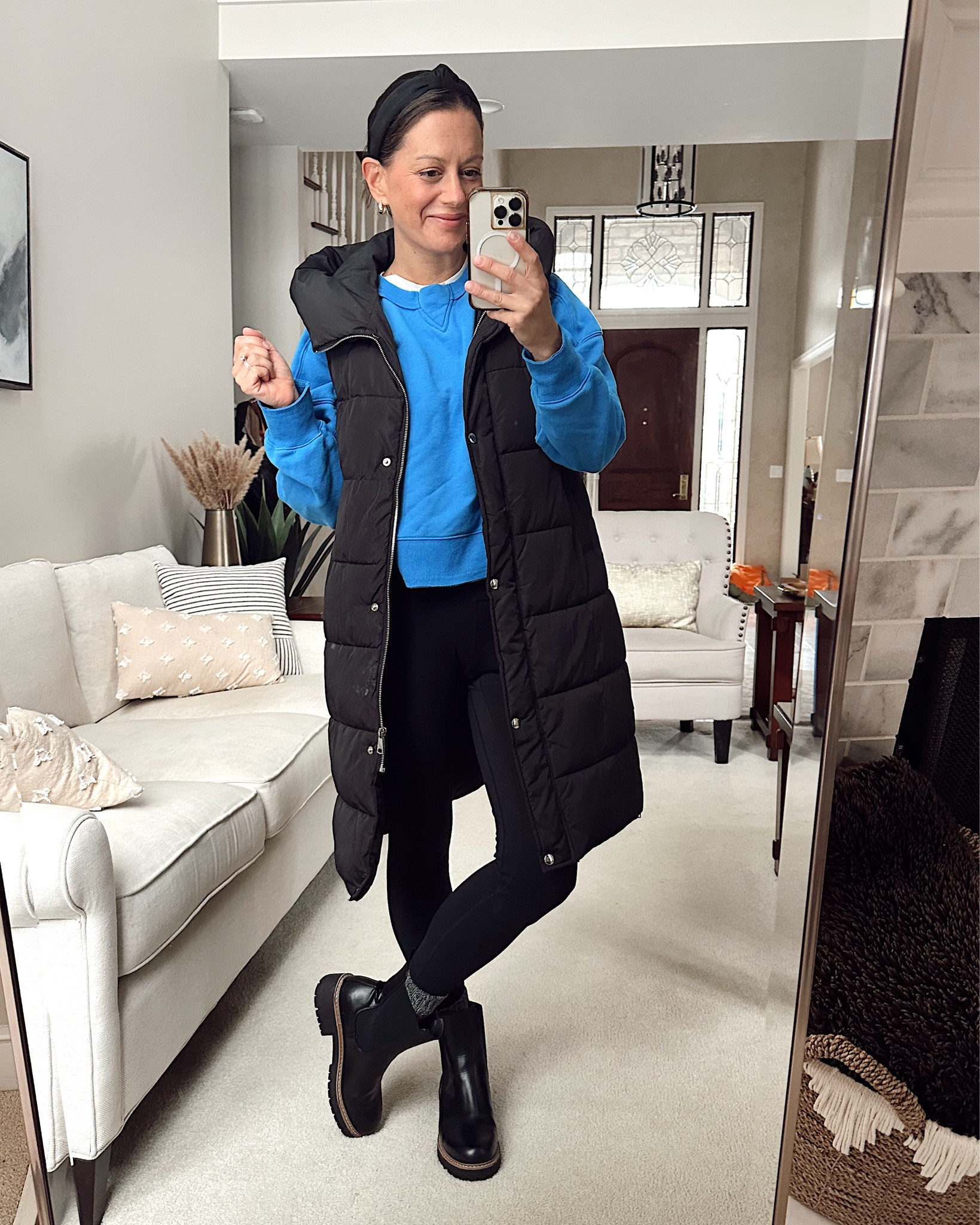 Weekend winter outfit! 🏀 
Vest: small
Sweatshirt: medium (I sized up!)
Leggings: small
Boots: true to size

#LTKFindsUnder50 #LTKOver40 #LTKSeasonal