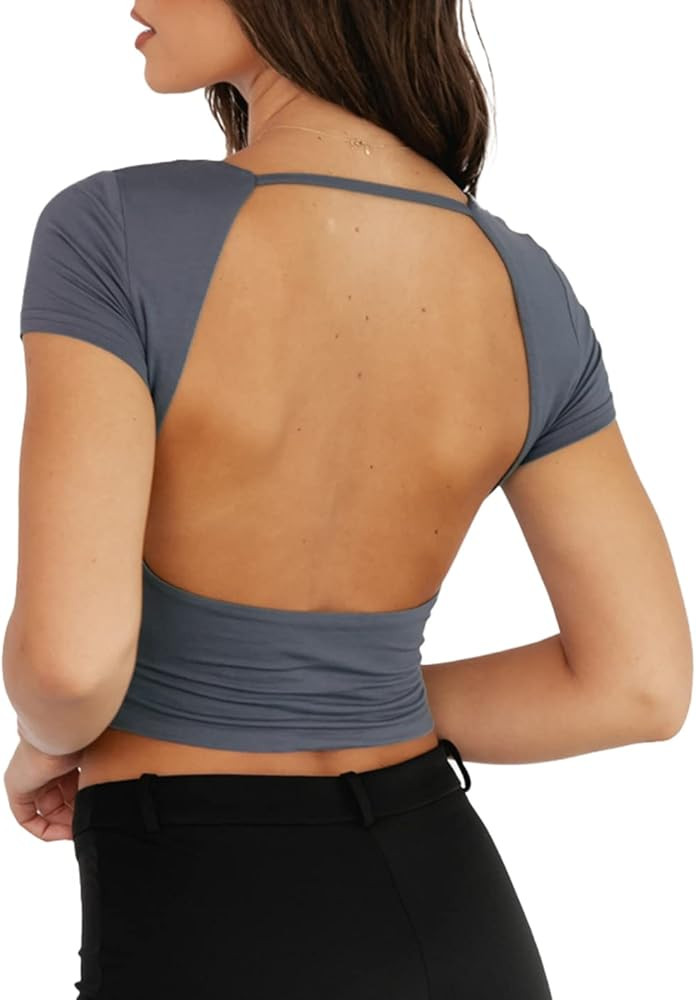 ForeFair Women Sexy Backless Crop Top Y2k Short Sleeve Slim Fit Crewneck Summer Cauasl Solid Crop... | Amazon (US)