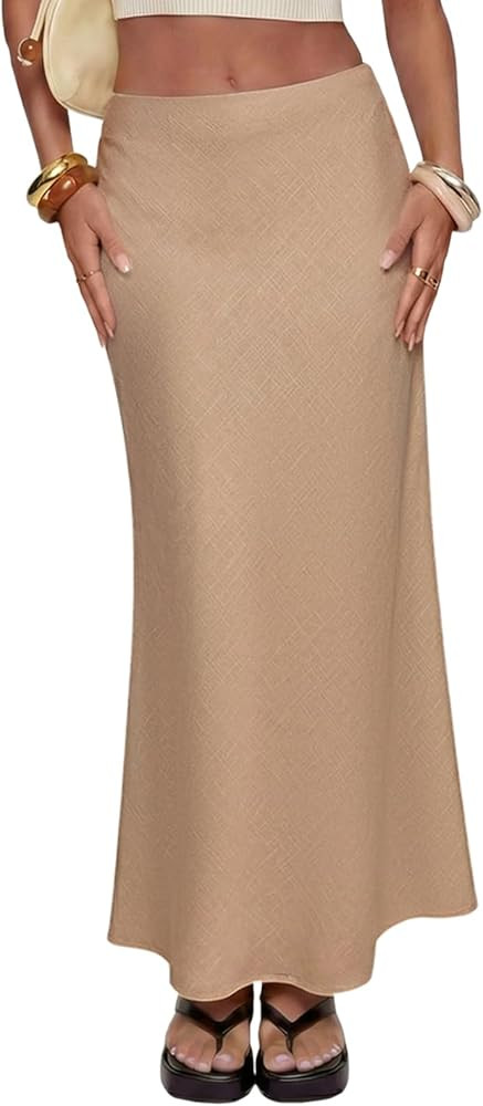 Women's Linen Maxi Skirt Elastic High Waisted White Summer Casual Clothes Long Skirts for Women | Amazon (US)