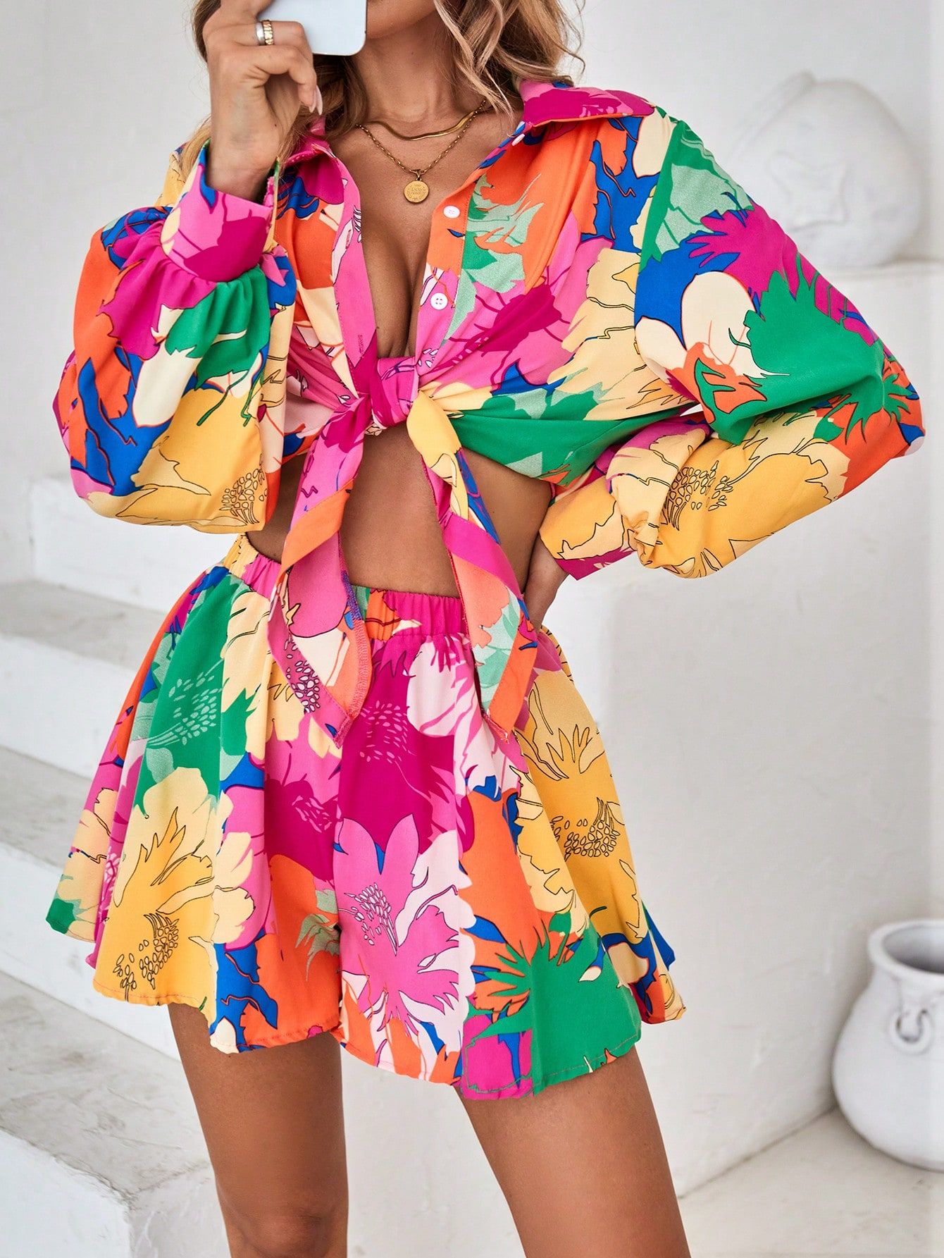 SHEIN VCAY Floral Print Drop Shoulder Shirt & Shorts | SHEIN