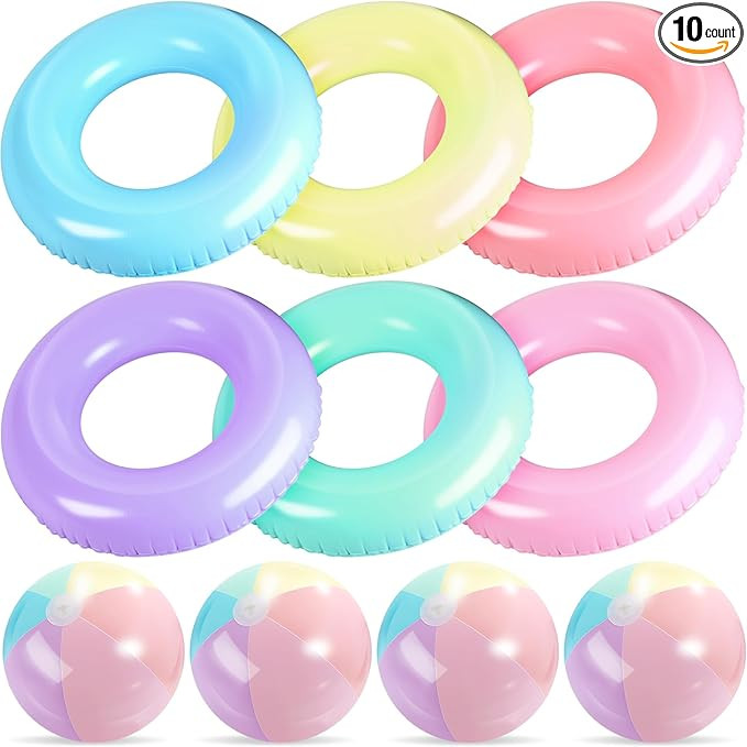 Realspring 10 Pack Inflatable Pool Floats and Pastel Beach Balls Bulk 30'' Swim Tubes Rings 26.5'... | Amazon (US)