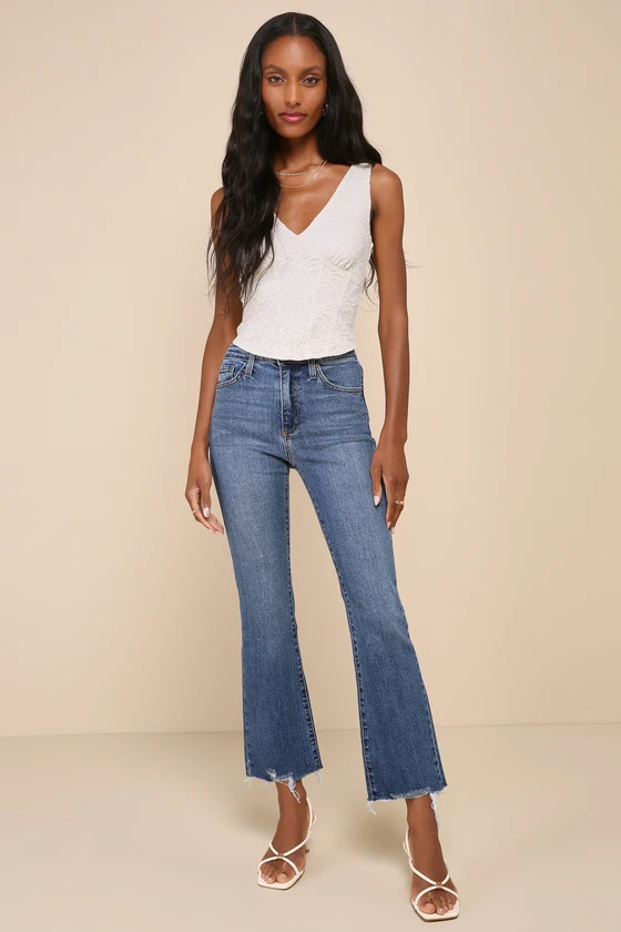 Downtown Diva Medium Wash Cropped Raw Hem High Rise Jeans | Lulus