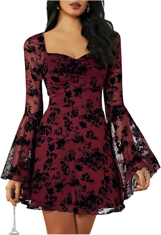WDIRARA Women's Floral Jacquard Mesh Gothic Dress Bell Long Sleeve A Line Vintage Dresses | Amazon (US)