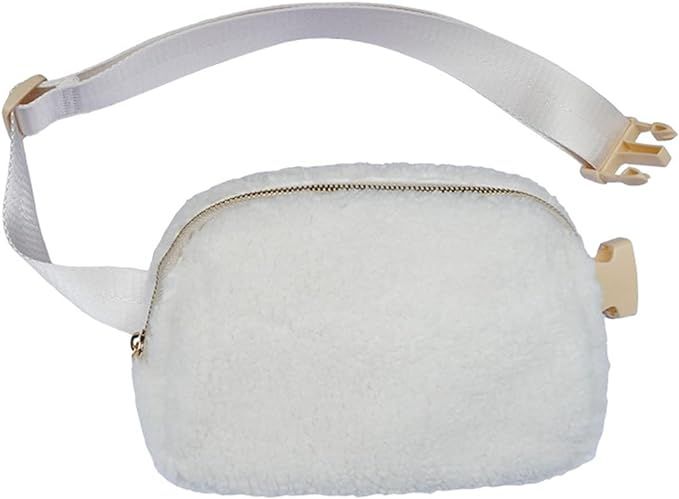 Fleece Belt Bag Women Sherpa Mini Waist Bag Crossbody Adjustable Strap White | Amazon (US)