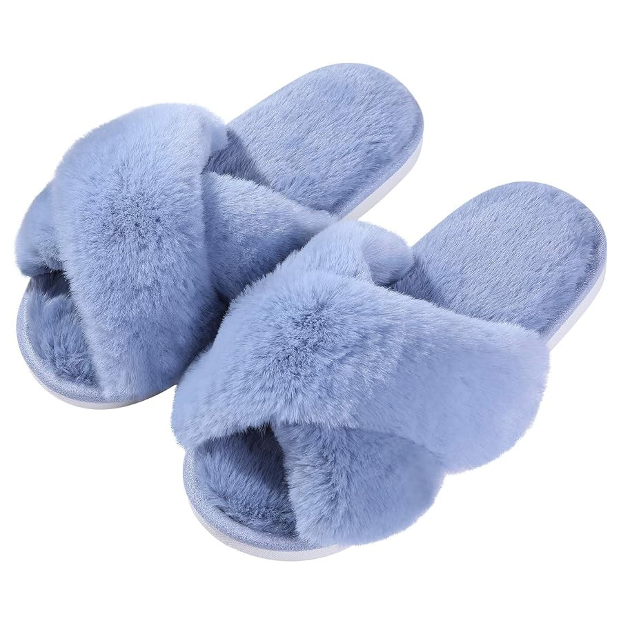 Evshine Women's Fuzzy Slippers Cross Band Memory Foam House Slippers Open Toe | Amazon (US)