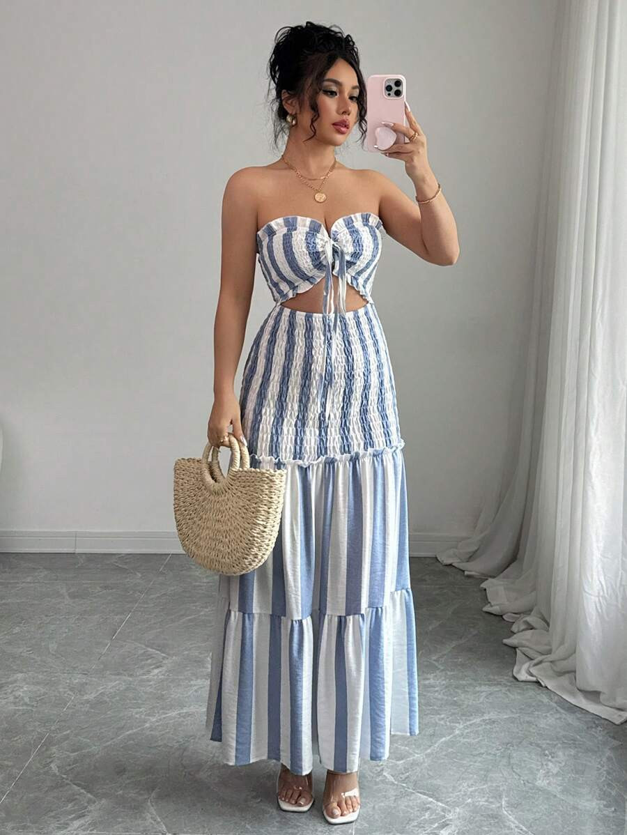 Elenzga 2025 New Summer Wrap Bust Striped Elegant Lady Holiday Dress, Sexy Fashion Versatile Tie ... | SHEIN